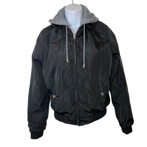 Womens Black Hooded Bomber Jacket Top Gun Satin Finish Size S Top Gun